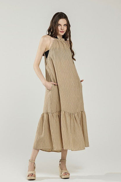 Plus Stripe High Ruffle Neckline Tiered Maxi Dress - Blu Lotus Boutique