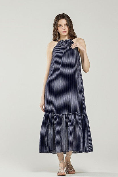 Plus Stripe High Ruffle Neckline Tiered Maxi Dress - Blu Lotus Boutique