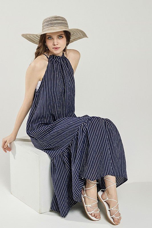 Plus Stripe High Ruffle Neckline Tiered Maxi Dress - Blu Lotus Boutique