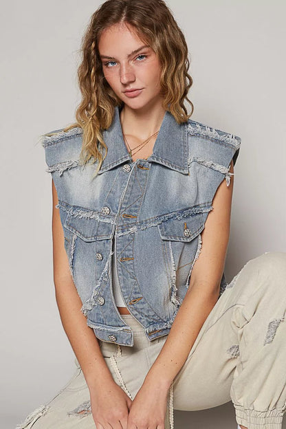 POL Assymetrical Front Closure Raw Hem Denim Vest - Blu Lotus Boutique