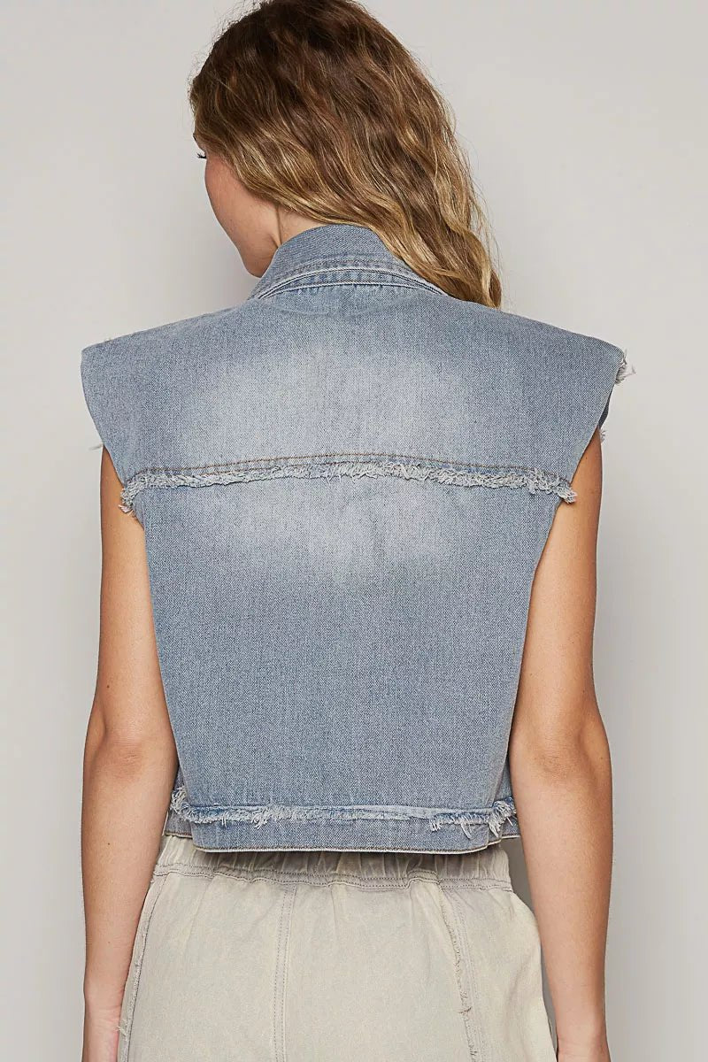 POL Assymetrical Front Closure Raw Hem Denim Vest - Blu Lotus Boutique