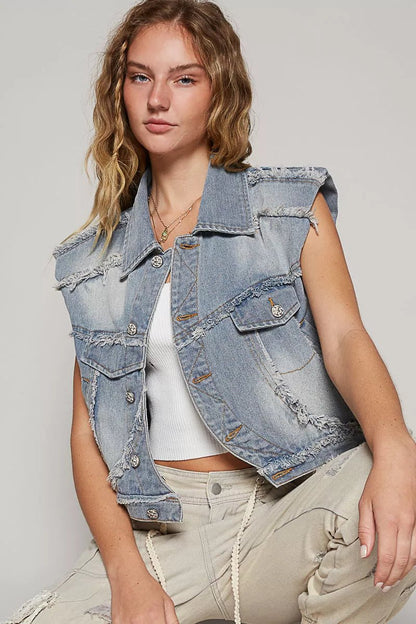 POL Assymetrical Front Closure Raw Hem Denim Vest - Blu Lotus Boutique