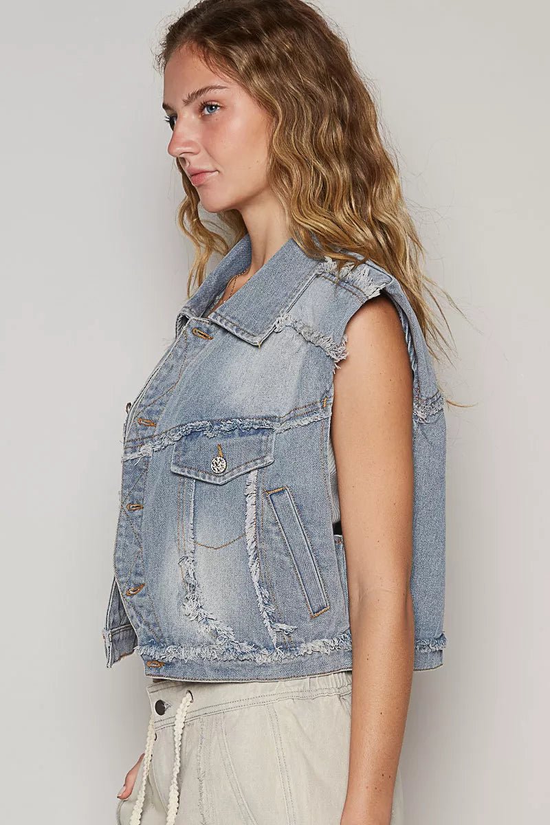 POL Assymetrical Front Closure Raw Hem Denim Vest - Blu Lotus Boutique