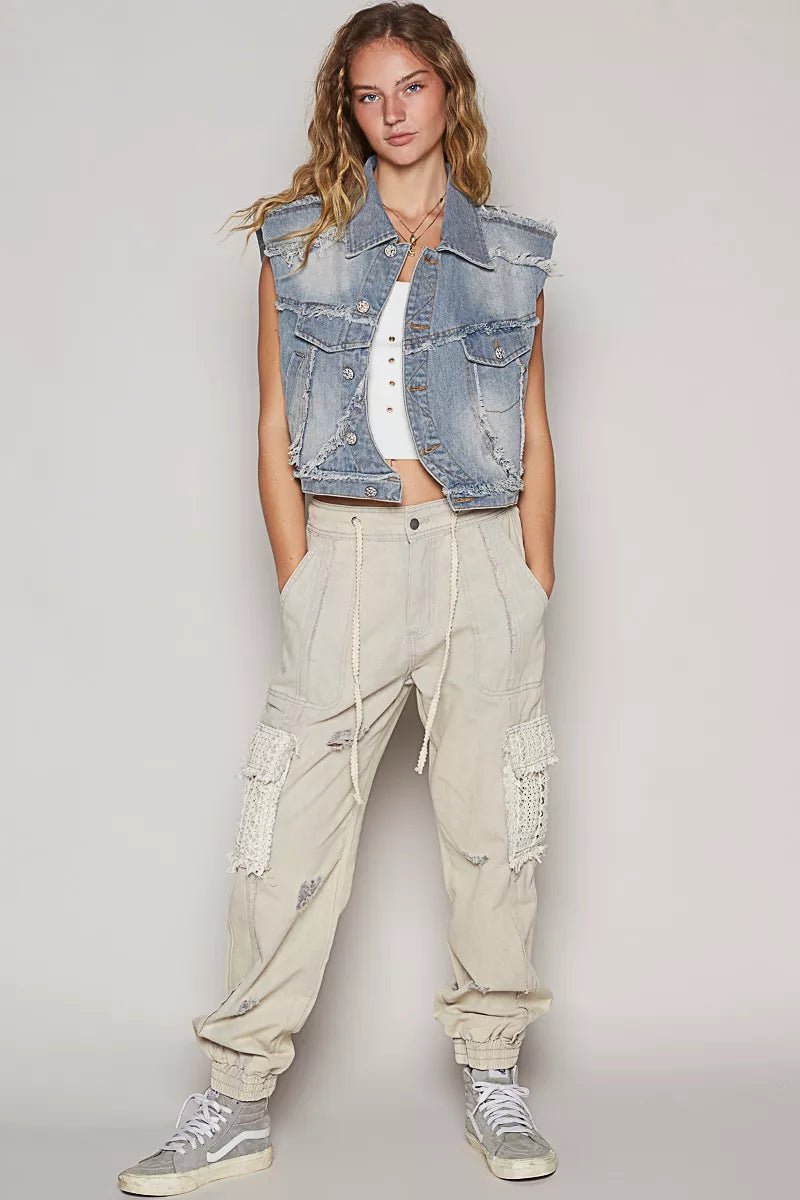 POL Assymetrical Front Closure Raw Hem Denim Vest - Blu Lotus Boutique