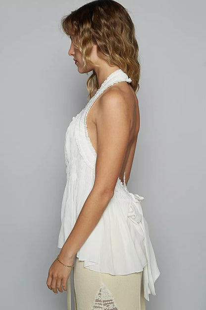 POL Backless Halter Sleeveless Top with Smocking Shirring Detail - Blu Lotus Boutique