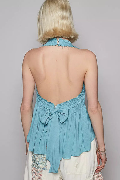POL Backless Halter Sleeveless Top with Smocking Shirring Detail - Blu Lotus Boutique