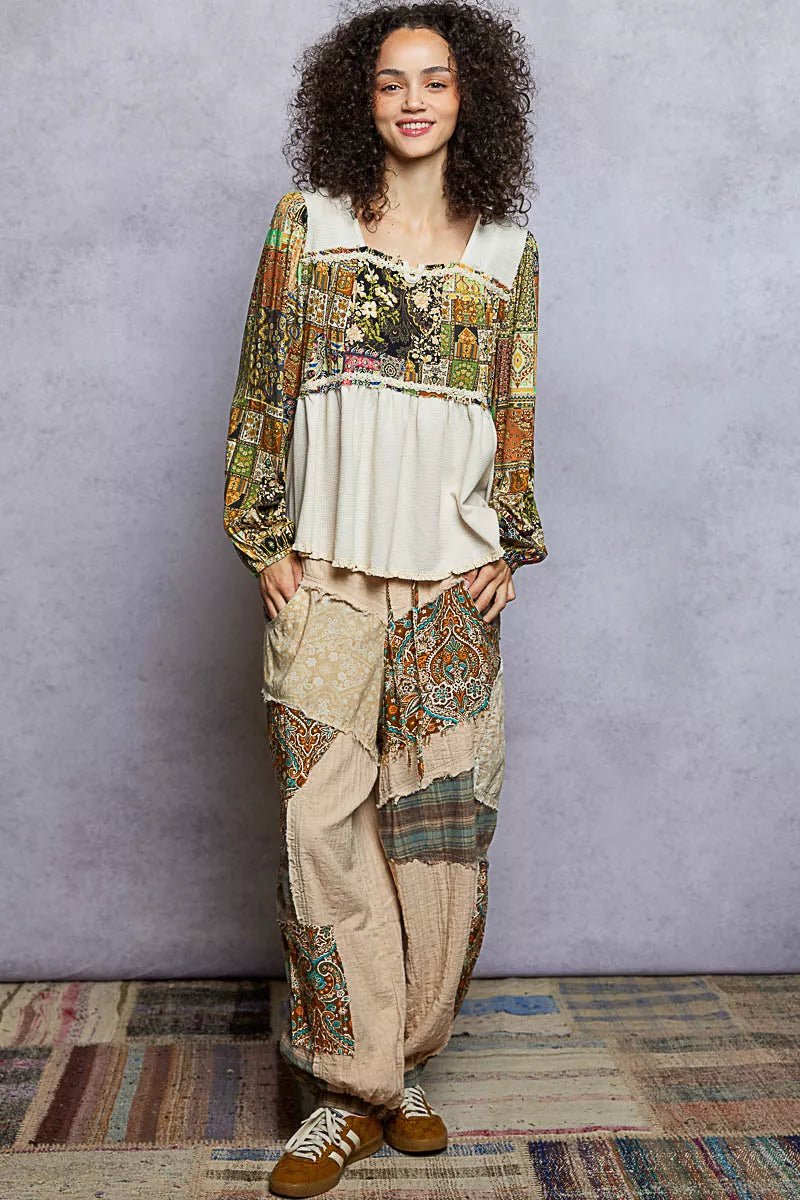 POL Balloon Sleeve Peplum Blouse with Trim Detail - Blu Lotus Boutique