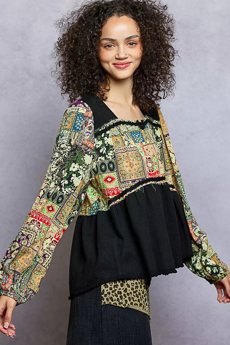 POL Balloon Sleeve Peplum Blouse with Trim Detail - Blu Lotus Boutique