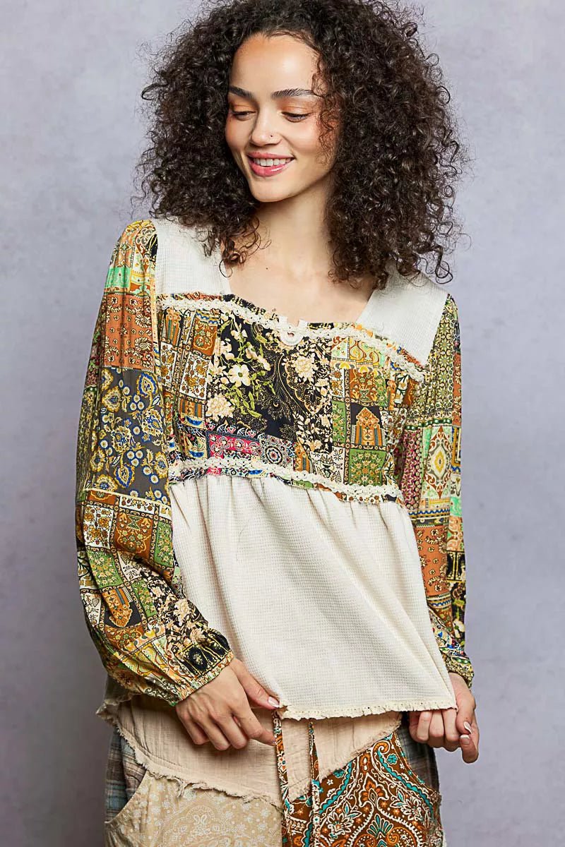 POL Balloon Sleeve Peplum Blouse with Trim Detail - Blu Lotus Boutique