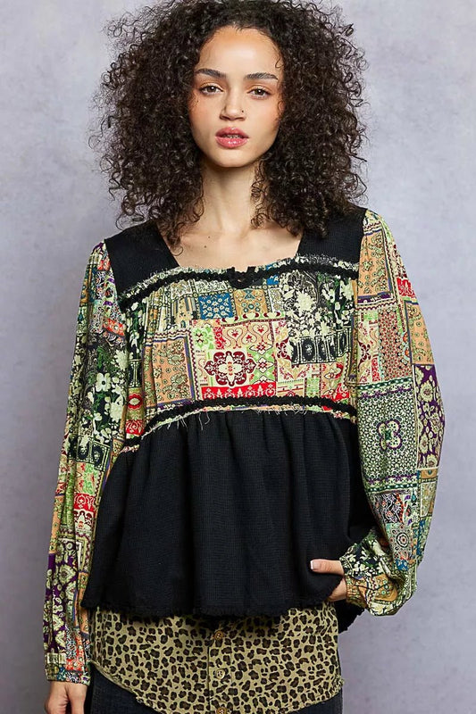 POL Balloon Sleeve Peplum Blouse with Trim Detail - Blu Lotus Boutique