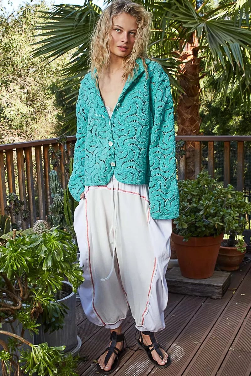 POL Button Down Crochet Openwork Shirt - Blu Lotus Boutique