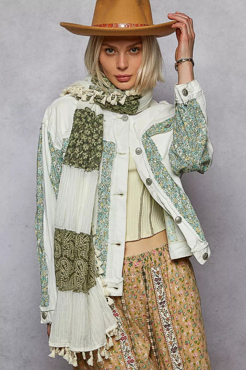 POL Button Down Patchwork Denim Jacket with Floral Print Details - Blu Lotus Boutique