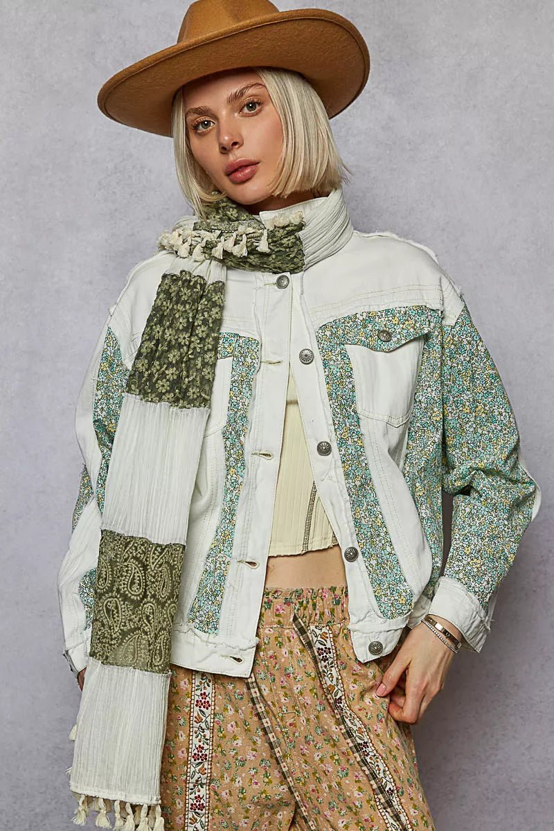 POL Button Down Patchwork Denim Jacket with Floral Print Details - Blu Lotus Boutique