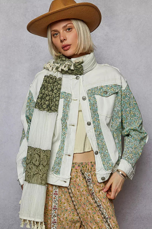 POL Button Down Patchwork Denim Jacket with Floral Print Details - Blu Lotus Boutique