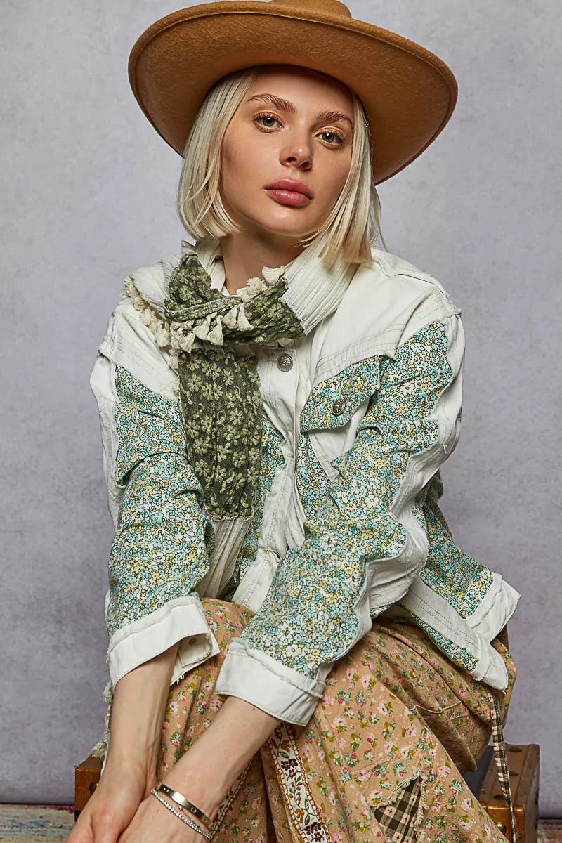 POL Button Down Patchwork Denim Jacket with Floral Print Details - Blu Lotus Boutique