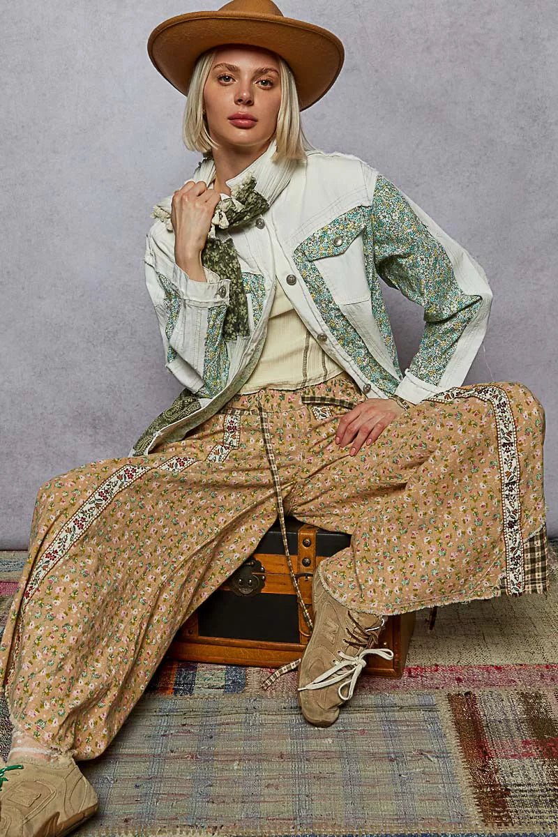 POL Button Down Patchwork Denim Jacket with Floral Print Details - Blu Lotus Boutique