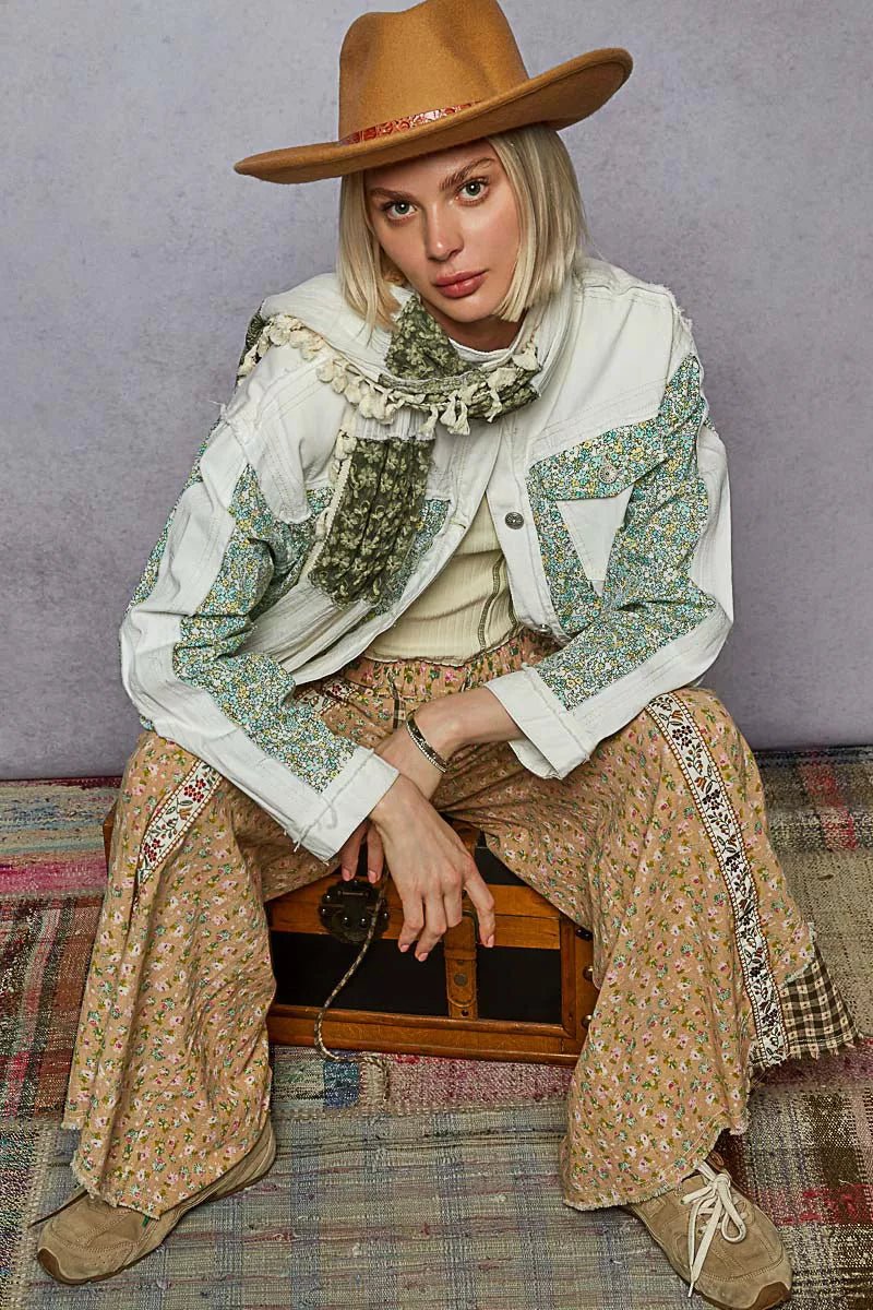 POL Button Down Patchwork Denim Jacket with Floral Print Details - Blu Lotus Boutique