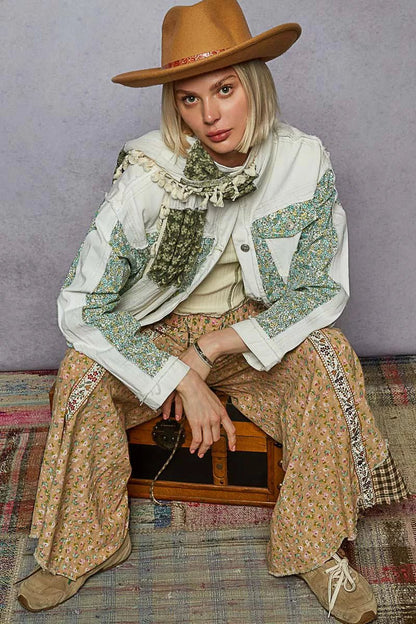 POL Button Down Patchwork Denim Jacket with Floral Print Details - Blu Lotus Boutique