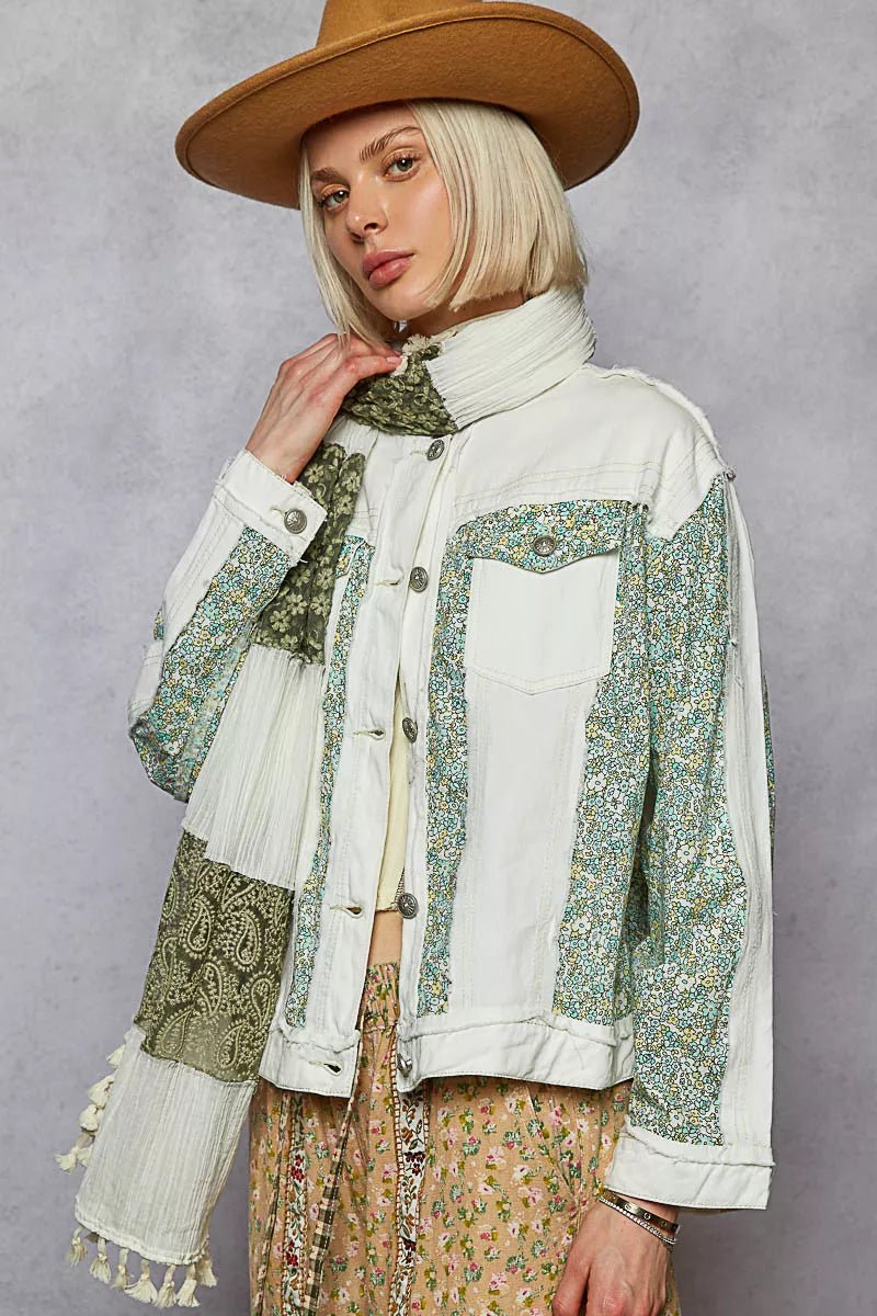 POL Button Down Patchwork Denim Jacket with Floral Print Details - Blu Lotus Boutique
