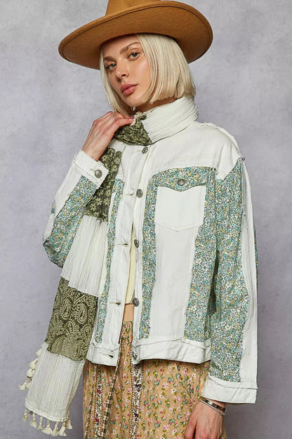 POL Button Down Patchwork Denim Jacket with Floral Print Details - Blu Lotus Boutique