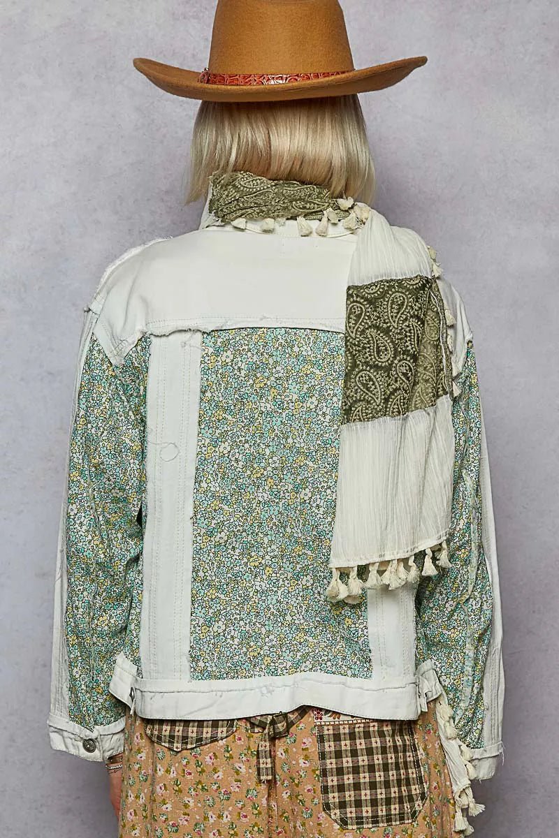 POL Button Down Patchwork Denim Jacket with Floral Print Details - Blu Lotus Boutique
