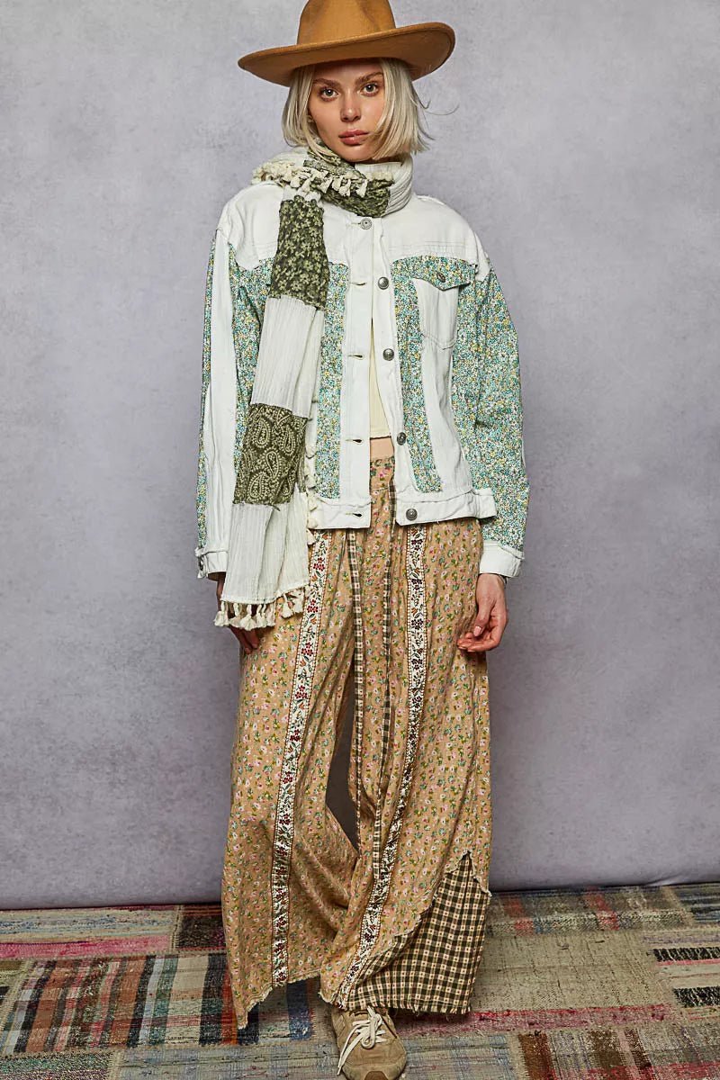 POL Button Down Patchwork Denim Jacket with Floral Print Details - Blu Lotus Boutique