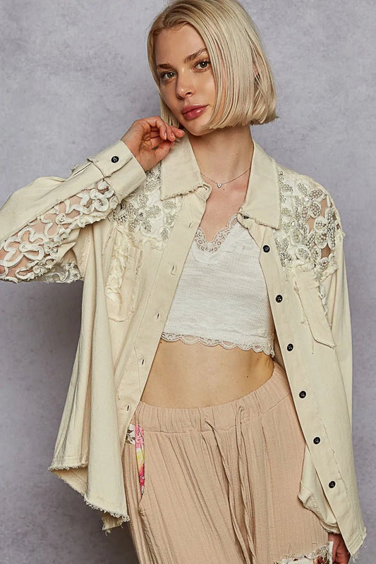 POL Button Down Raw Edg Shirt with Pearl Lace Patch - Blu Lotus Boutique