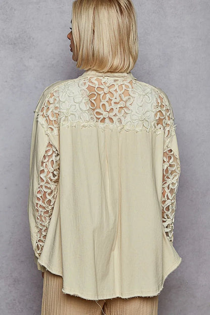 POL Button Down Raw Edg Shirt with Pearl Lace Patch - Blu Lotus Boutique
