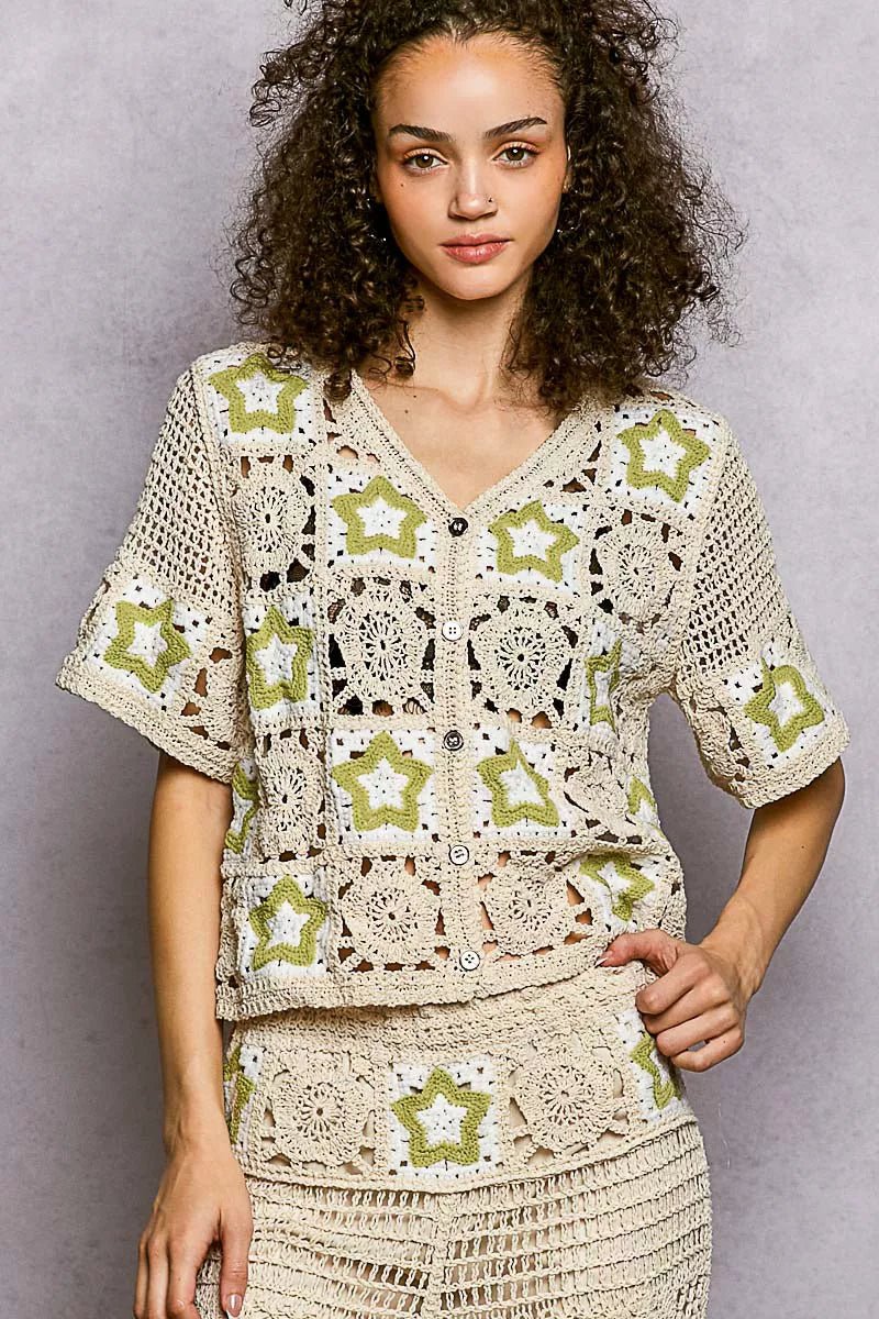 POL Button Front V - Neck Crochet Cardigan with Contast Star - Blu Lotus Boutique