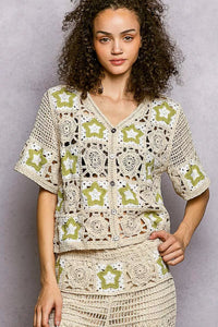 POL Button Front V - Neck Crochet Cardigan with Contast Star - Blu Lotus Boutique
