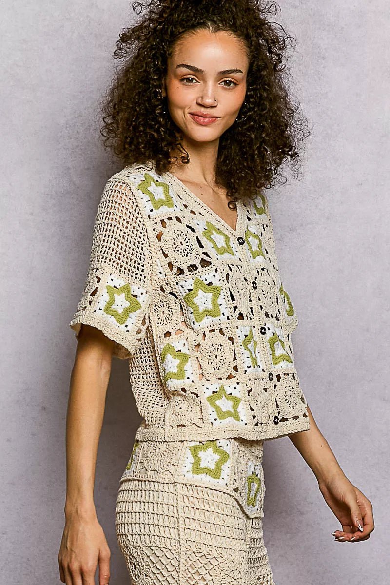 POL Button Front V - Neck Crochet Cardigan with Contast Star - Blu Lotus Boutique