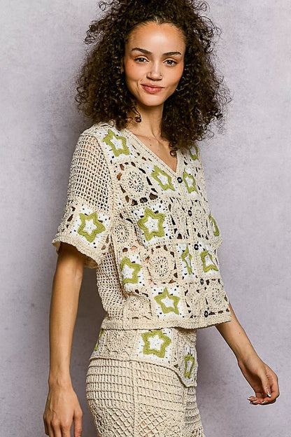 POL Button Front V - Neck Crochet Cardigan with Contast Star - Blu Lotus Boutique