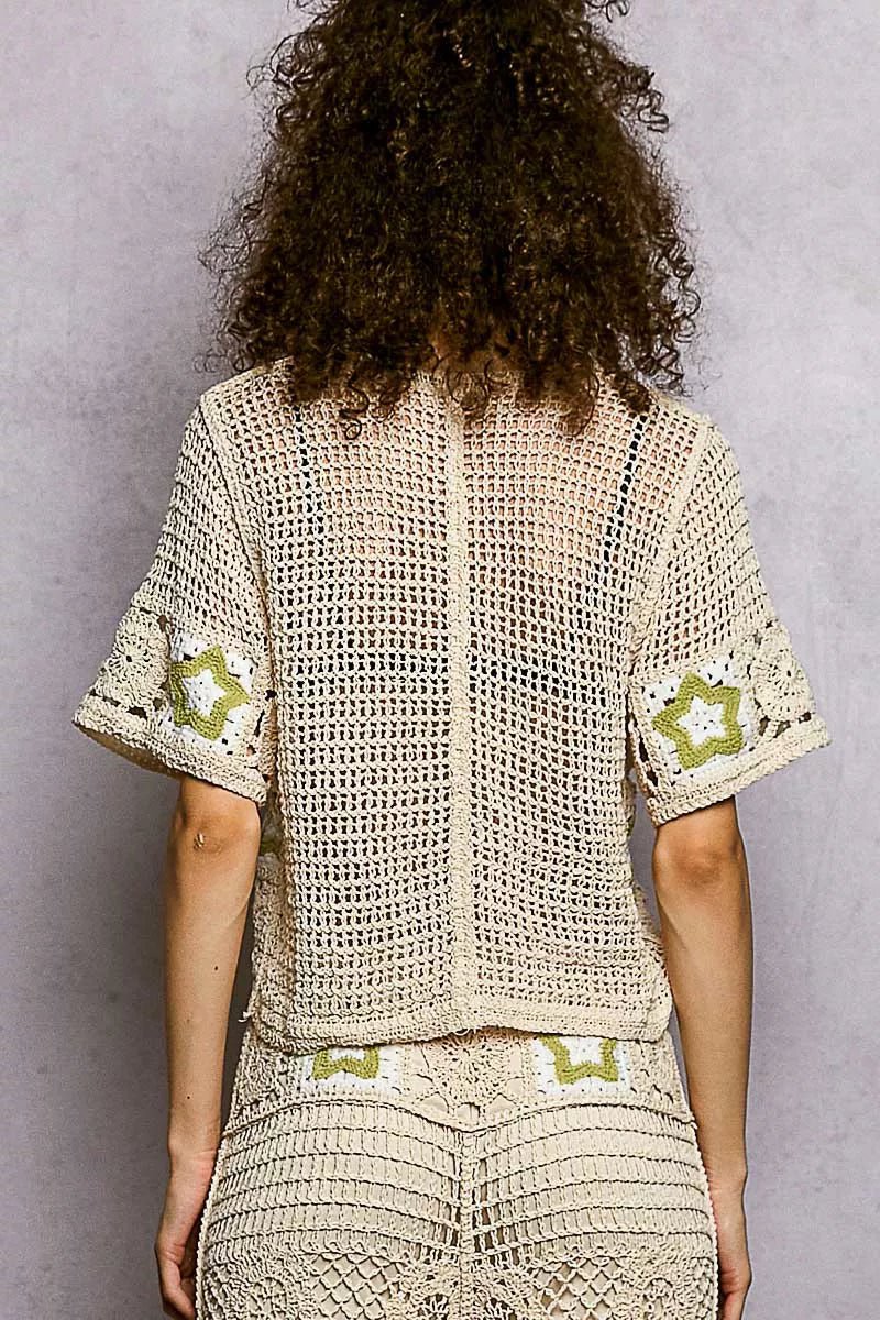 POL Button Front V - Neck Crochet Cardigan with Contast Star - Blu Lotus Boutique