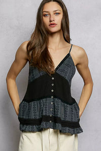POL Button Front V - Neck Ruffled Cami with Pintuck Accents - Blu Lotus Boutique