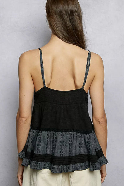 POL Button Front V - Neck Ruffled Cami with Pintuck Accents - Blu Lotus Boutique