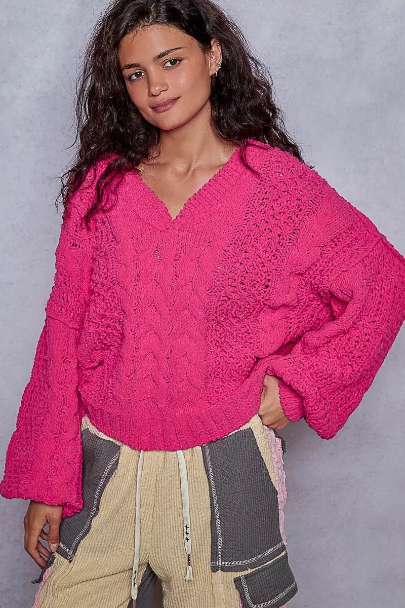 POL Cable - Knit Solid V - Neck Cropped Sweater - Blu Lotus Boutique