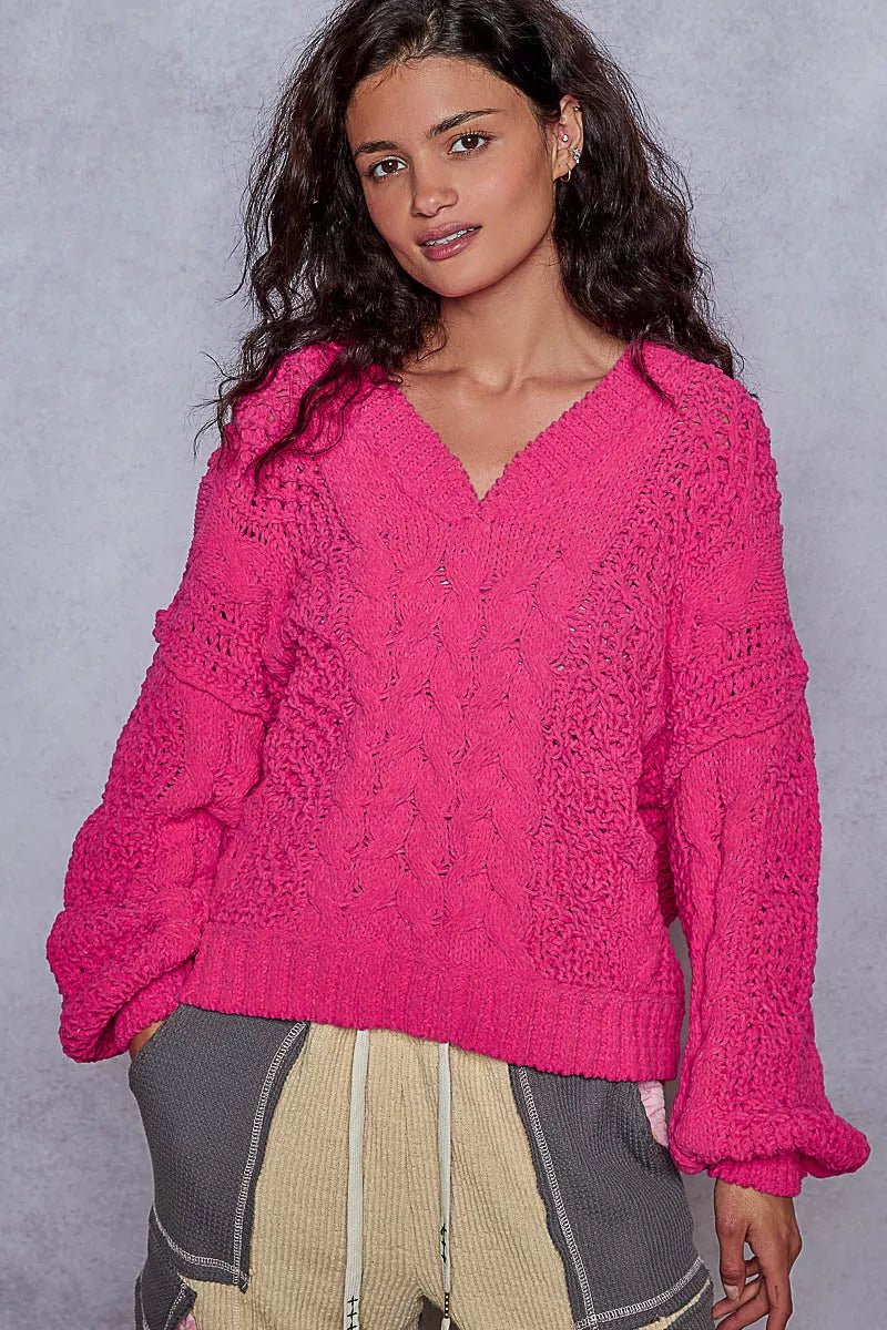 POL Cable - Knit Solid V - Neck Cropped Sweater - Blu Lotus Boutique