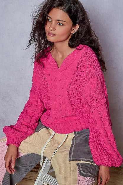 POL Cable - Knit Solid V - Neck Cropped Sweater - Blu Lotus Boutique