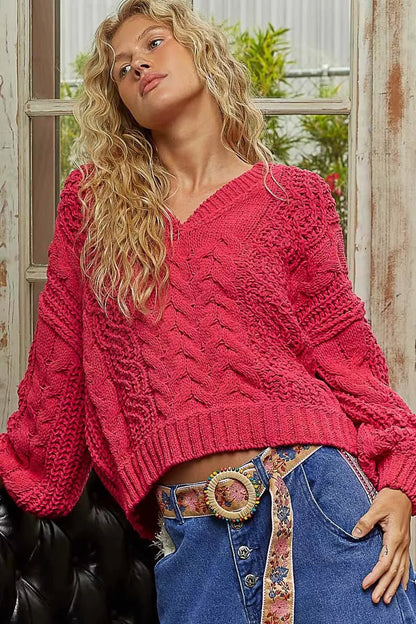 POL Cable - Knit Solid V - Neck Cropped Sweater - Blu Lotus Boutique