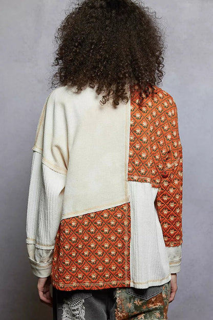 POL Contrast Patchwork Round Neck Long Sleeve Top - Blu Lotus Boutique
