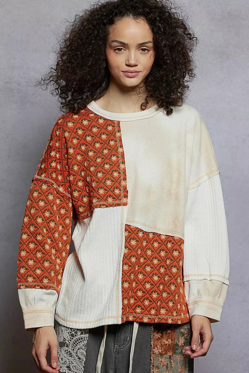 POL Contrast Patchwork Round Neck Long Sleeve Top - Blu Lotus Boutique