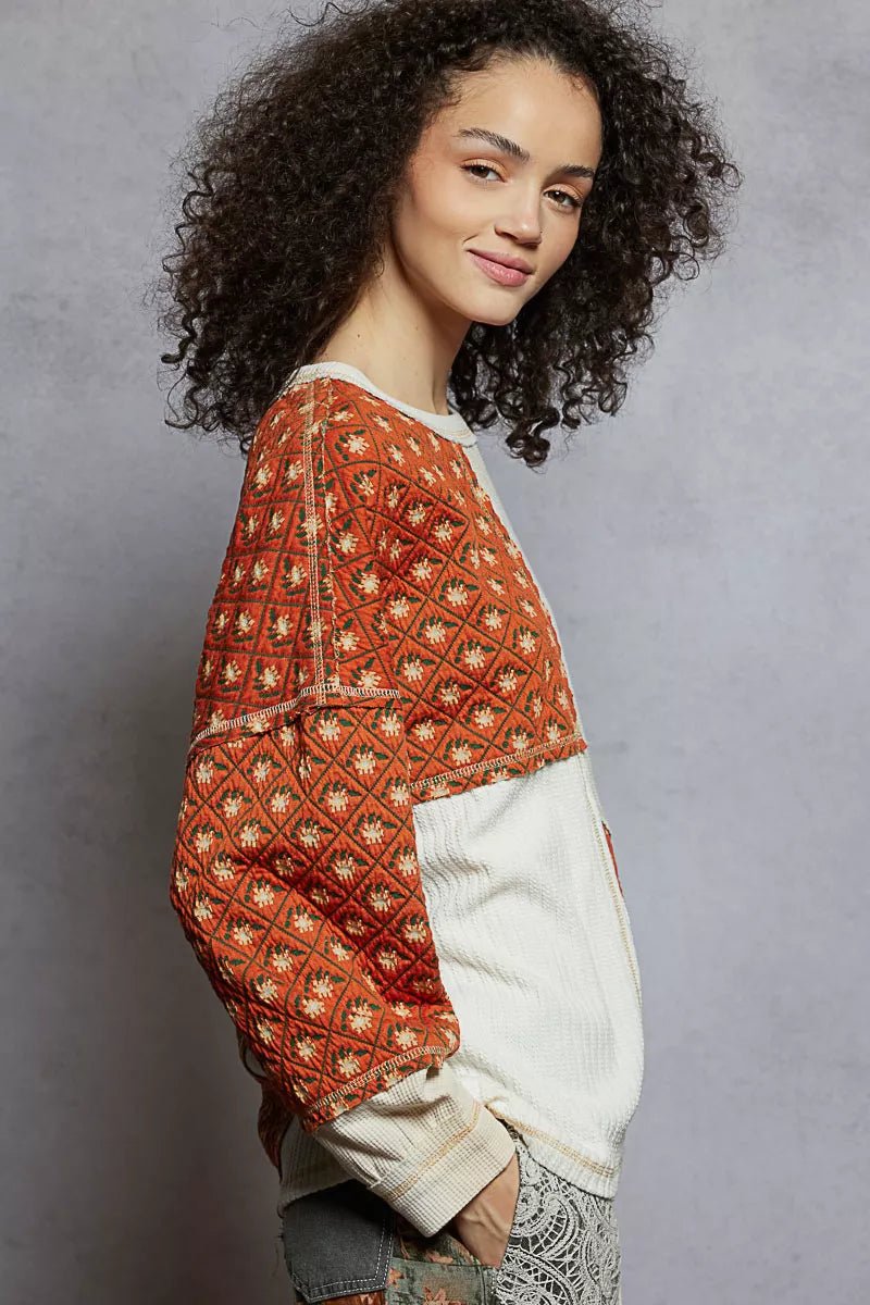 POL Contrast Patchwork Round Neck Long Sleeve Top - Blu Lotus Boutique