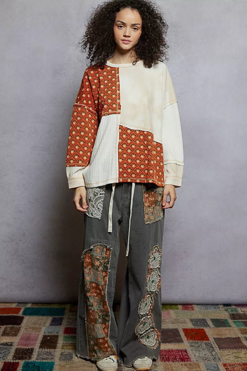 POL Contrast Patchwork Round Neck Long Sleeve Top - Blu Lotus Boutique