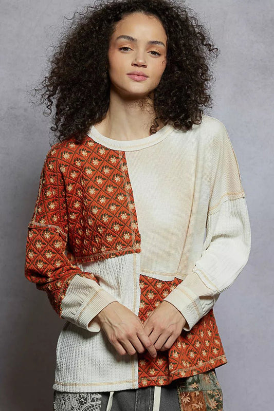 POL Contrast Patchwork Round Neck Long Sleeve Top - Blu Lotus Boutique