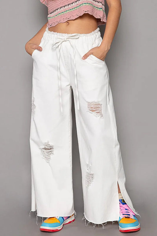 POL Distressed Drawstring Slit Wide leg Pants - Blu Lotus Boutique