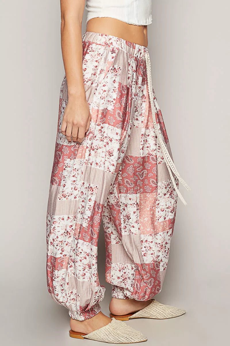 POL Drawstring Floral Patchwork Wide leg Pants - Blu Lotus Boutique
