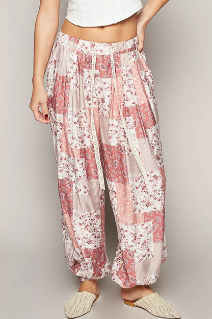 POL Drawstring Floral Patchwork Wide leg Pants - Blu Lotus Boutique