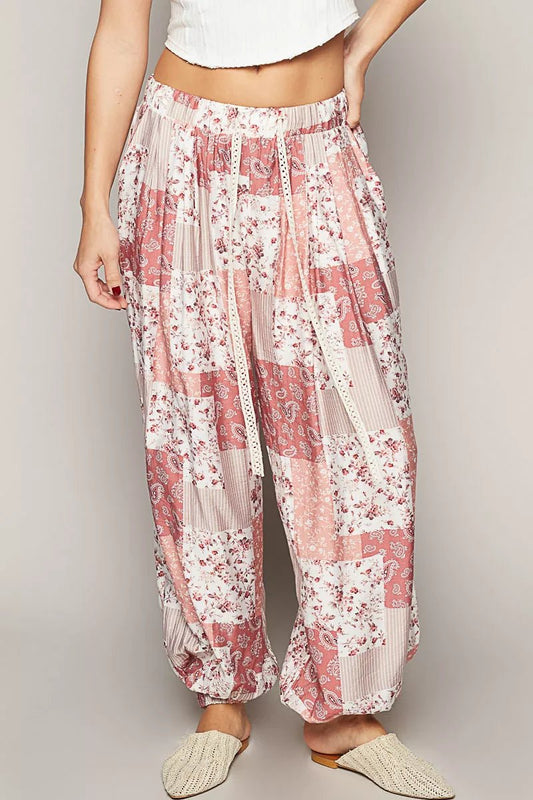 POL Drawstring Floral Patchwork Wide leg Pants - Blu Lotus Boutique