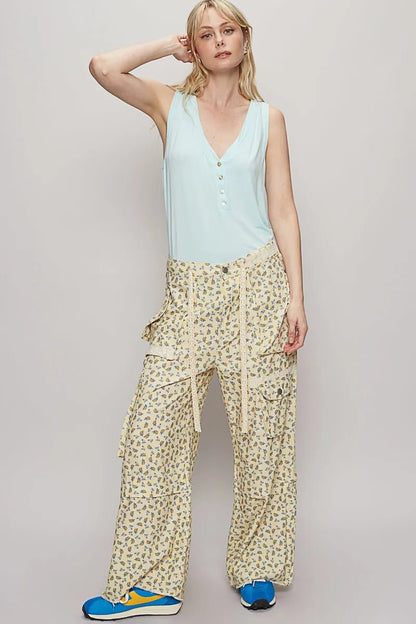 POL Floral Cargo Wide Leg Pants with Lace Drawstring - Blu Lotus Boutique