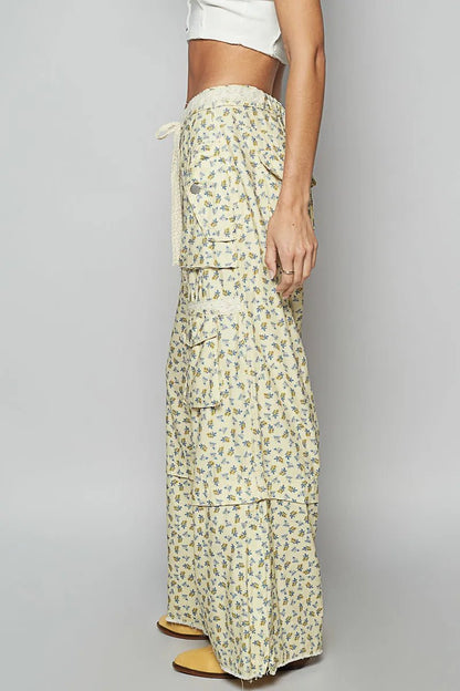 POL Floral Cargo Wide Leg Pants with Lace Drawstring - Blu Lotus Boutique